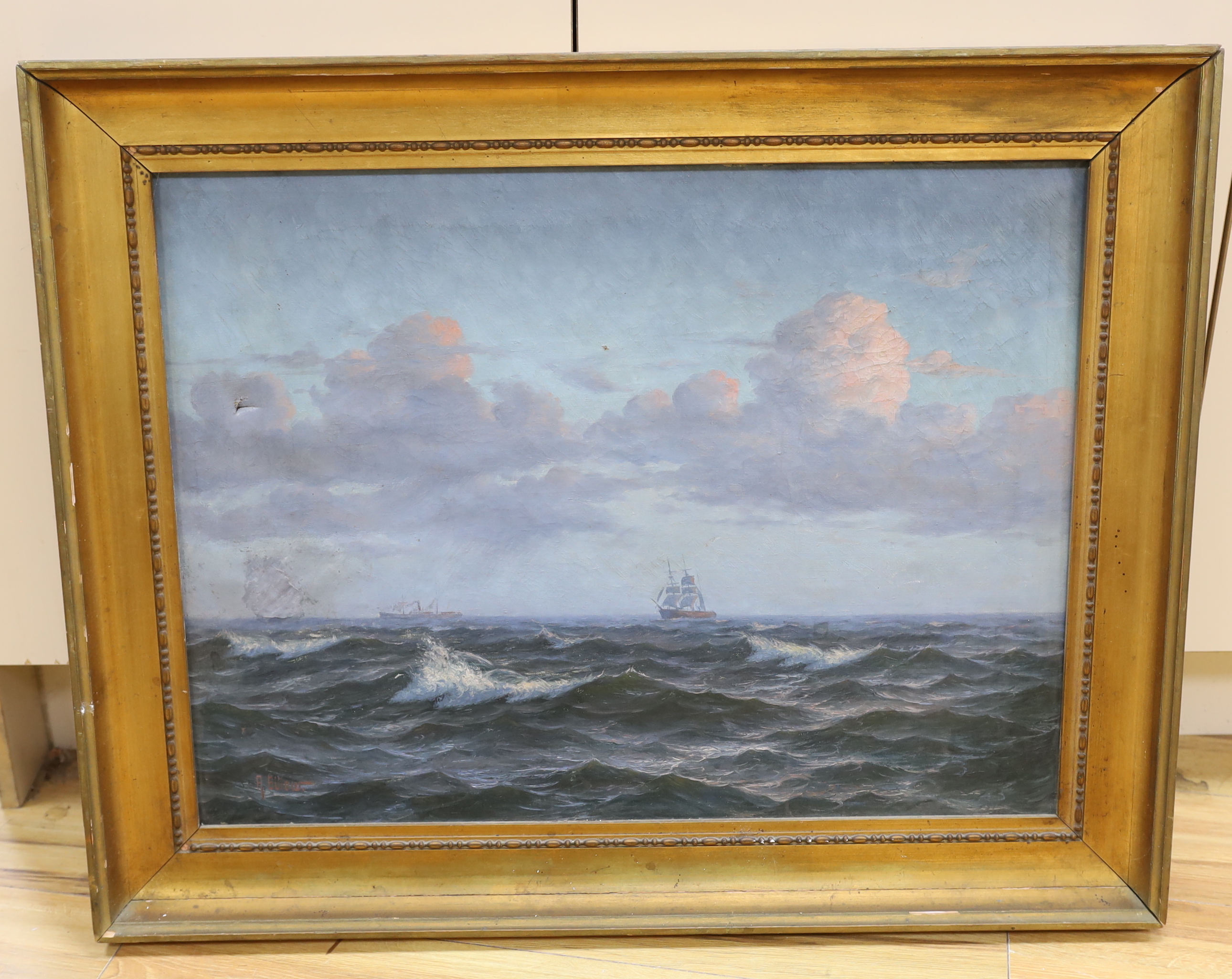 A. Bulour, Continental oil on canvas, Shipping at sea, signed, 52 x 69cm